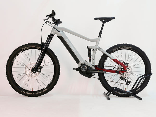 Haibike AllTrail 5 27.5 2022 Full Suspension e-Bike, featuring sleek Urban Grey and Red colour scheme. Excellent condition and available for £1,870.00 at eMado!