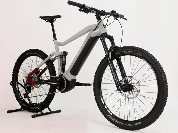 Underside view of the Haibike AllTrail 5 27.5 2022 Full Suspension e-Bike showcasing its sturdy build and excellent condition. Available now for £1,870.00 at eMado!