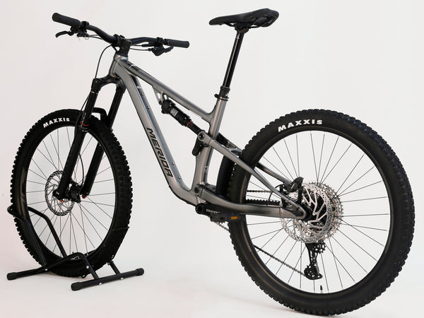 Front angle of Merida One-Sixty 500 2023 mountain bike, showcasing the suspension fork and tyre configuration.