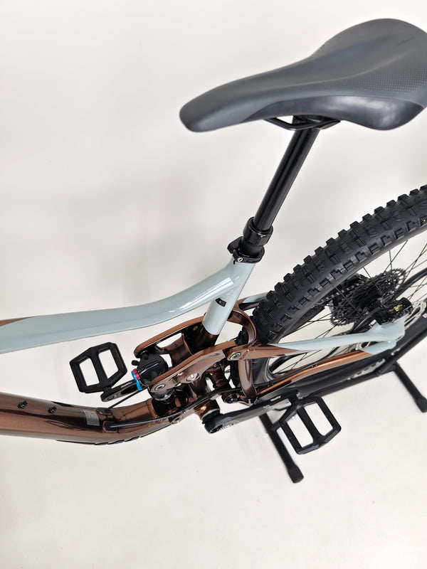 Image showing the rear shock system on Giant Trance X 2 2023 mountain bike, emphasizing performance components.