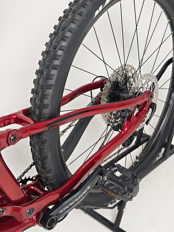 Detailed view of the rear hydraulic brake system of the Merida One-Twenty 600 29 2023 mountain bike.