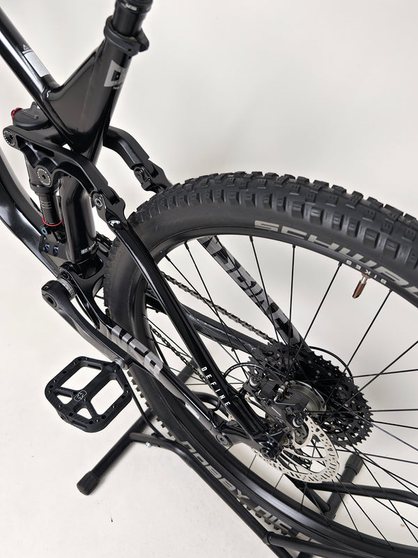 NS Bikes Define AL 130 2 2023 - Close-up of brake rotor and wheel dynamic showcasing stopping power from NS Bikes.