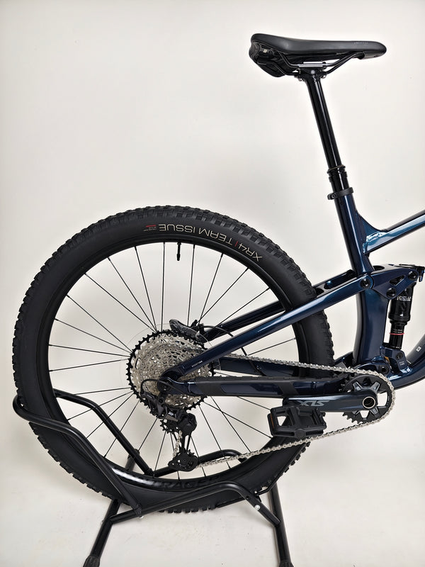 Trek Top Fuel 8 2024 Large Frame Full Suspension Bike at eMado - Close-up of the frame tags indicating size and specs.