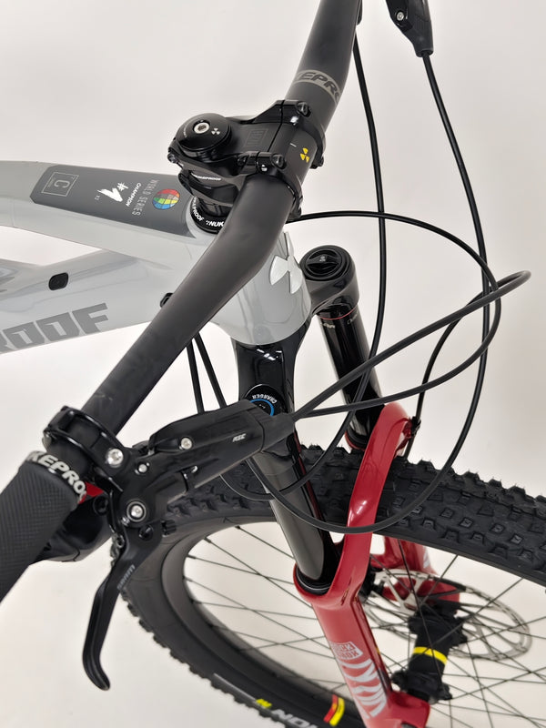 Overhead view of the handlebars and frame on Nukeproof Mega 275 RS X01 Eagle bike.