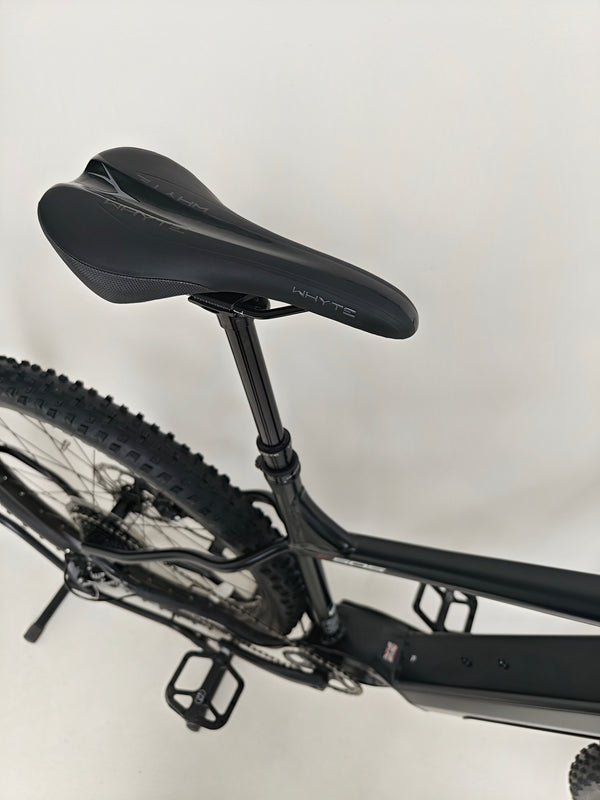 Close-up of the Whyte e-505 v1 Electric Bike 2024 crankset and bottom bracket, emphasizing durable build quality.