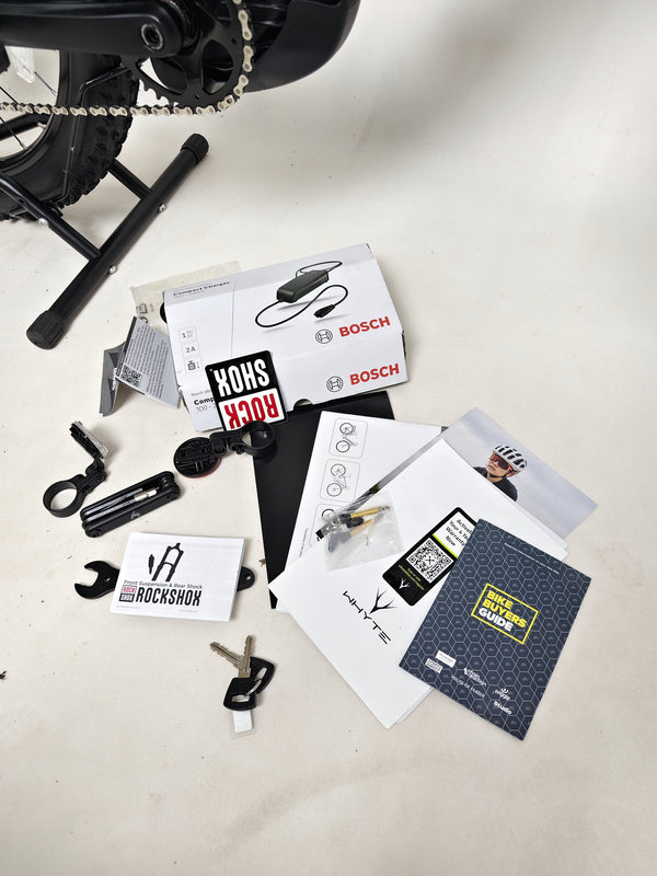 Whyte e-505 v1 Electric Bike 2024 in XL size viewed in a bicycle store, featuring its premium attributes and like new condition.