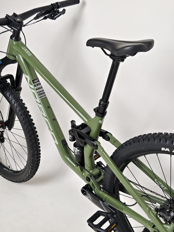 Norco Sight A2 2021 mountain bike angled to display the suspension features on a trail.