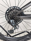 Detailed look at the front shock on the Scott Spark RC 900 Team Issue AXS Carbon bike.