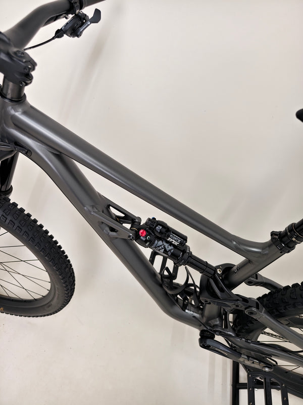 The vibrant colours of the Specialized Status 160, focusing on its satin smoke frame against a natural backdrop.