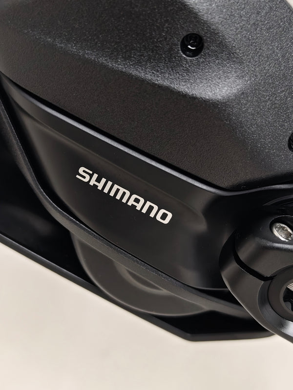 Close-up of the Shimano component on the Rock Machine Blizz e60-29 electric mountain bike, showcasing its quality and design.