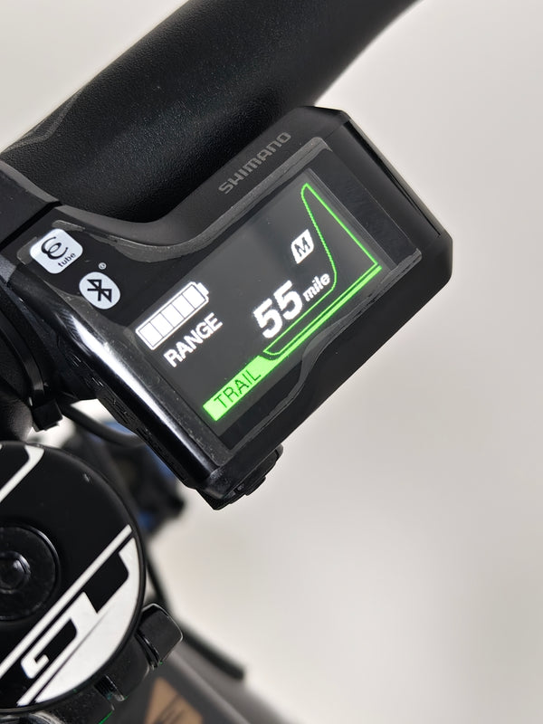 GT E Force Amp+ Full Suspension e-Bike 2024 front fork close-up, emphasizing Yari suspension in excellent condition, only 51 miles, price set at £2,250.