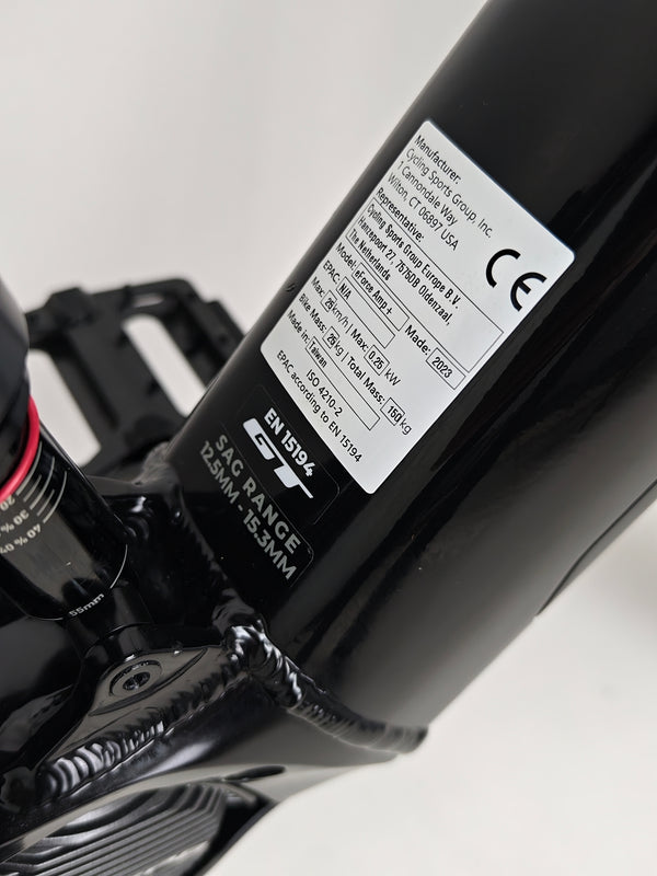 Detailed view of the GT E Force Amp+ Full Suspension e-Bike 2024 tires and wheels, excellent condition, XL size, Yari model, only 51 miles, priced at £2,250.