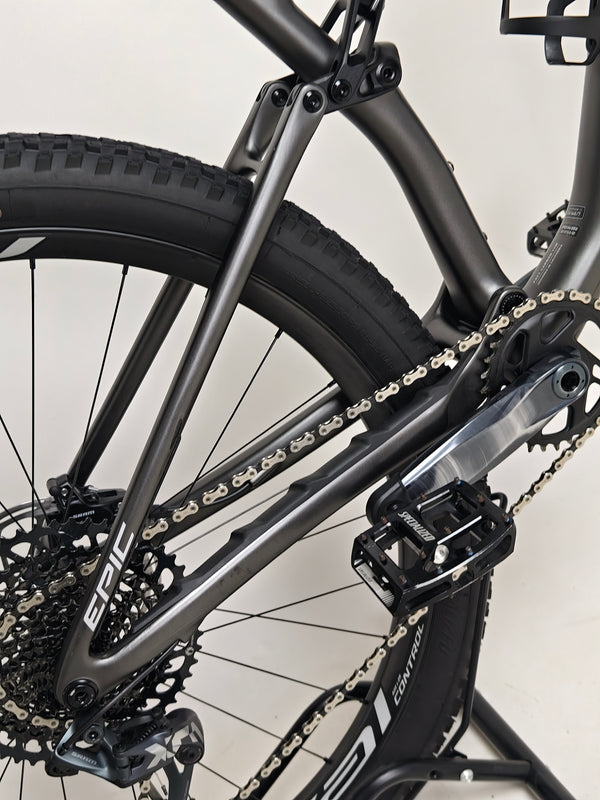 Dynamic shot of the Specialized Epic EVO Expert 2022 mountain bike, Medium, in Excellent Condition! Previously RRP: £7,750.00, now yours for £2,790.00 with FREE Delivery!