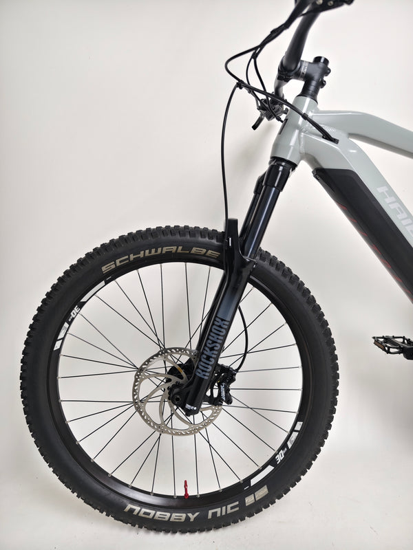 View demonstrating the design aesthetic of the Haibike AllTrail 5 27.5 2022 Full Suspension e-Bike. Available for an attractive price of £1,870.00 at eMado!
