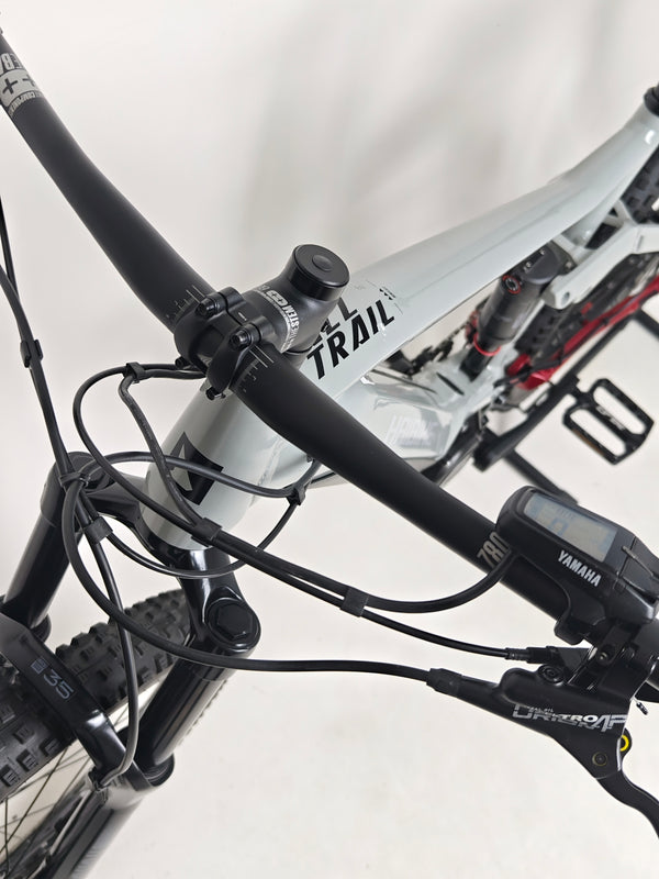 Haibike AllTrail 5 27.5 2022 Full Suspension e-Bike shot from an artistic angle focusing on its features. Buy for £1,870.00 at eMado!