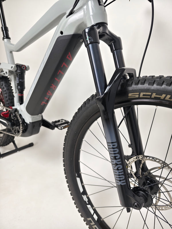 Haibike AllTrail 5 27.5 2022 Full Suspension e-Bike with detailed view of the integrated battery. Excellent condition and low mileage, buy for £1,870.00 at eMado!