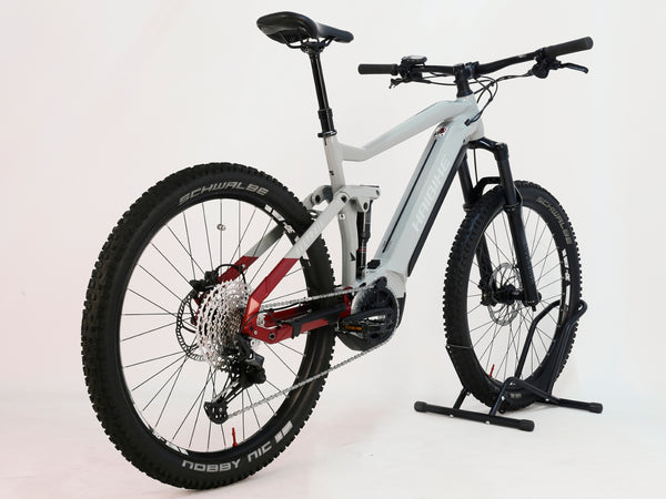 Detailed view of Haibike AllTrail 5 27.5 2022 Full Suspension e-Bike's components, highlighting its quality and low mileage of only 308 miles. Buy it for only £1,870.00 at eMado!