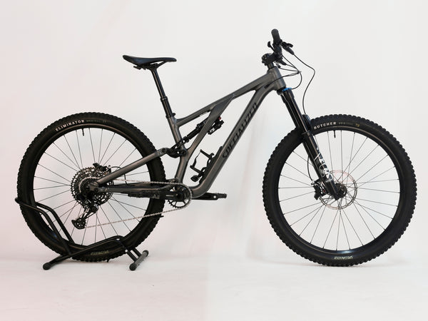 Front angle of Specialized Stumpjumper EVO Comp Alloy 29 Medium S3 highlighting the front fork and disc brake.