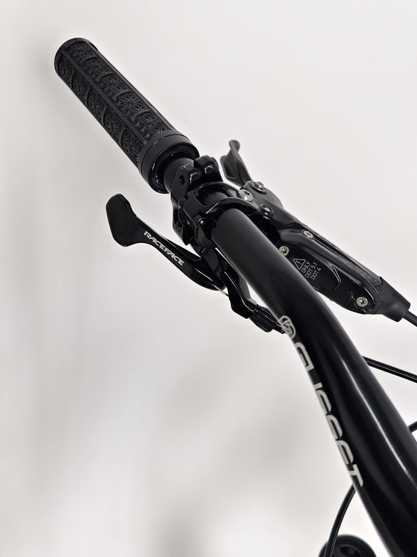 The Orange ALPINE 6 mountain bike parked on a scenic overlook with a clear blue sky.