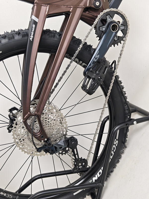 Eclectic view of the Orange ALPINE 6 mountain bike amidst nature, highlighting its adventurous spirit.