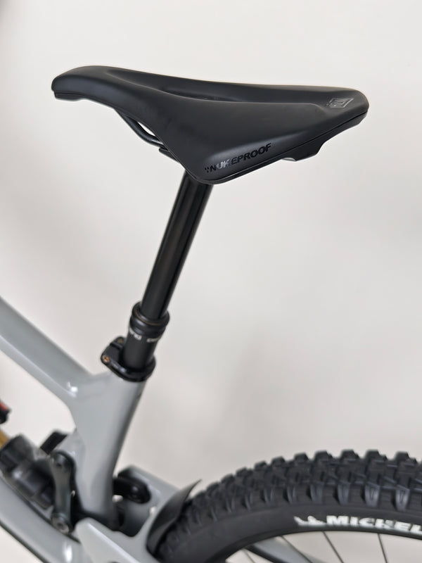 Underneath view of the Nukeproof Giga 290 Comp Carbon 2022 highlighting the rear suspension.