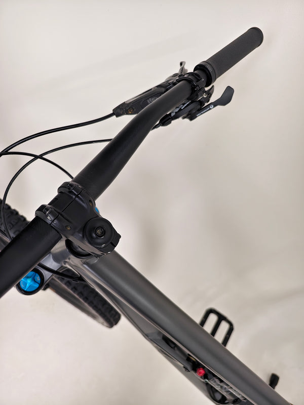 A scenic shot of the Specialized Status 160 parked in nature, illustrating its suitability for mountain biking adventures.