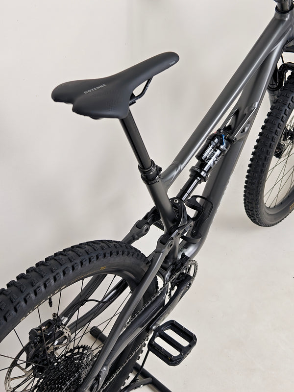 Detail of the rear triangle on the Specialized Status 160 mountain bike, showcasing its structural integrity.