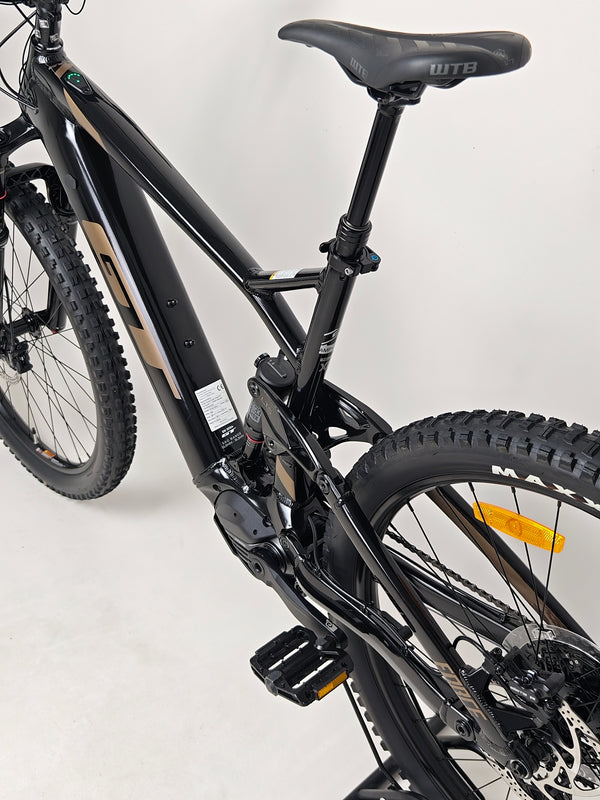 Bottom view of GT E Force Amp+ Full Suspension e-Bike 2024 highlights its design and specifications in XL and Yari, excellent condition, only 51 miles, price £2,250.