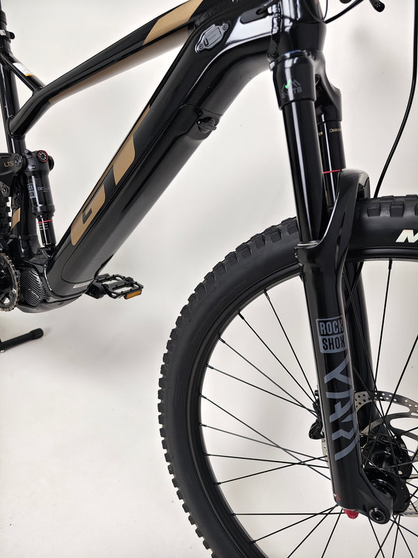 Underneath view of GT E Force Amp+ Full Suspension e-Bike 2024 highlighting the drivetrain, XL frame, Yari model, excellent condition, 51 miles, price £2,250.