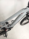 Close-up on the Haibike AllTrail 5 27.5 2022 Full Suspension e-Bike showing the quick-release front wheel mechanism. Available for just £1,870.00 at eMado!