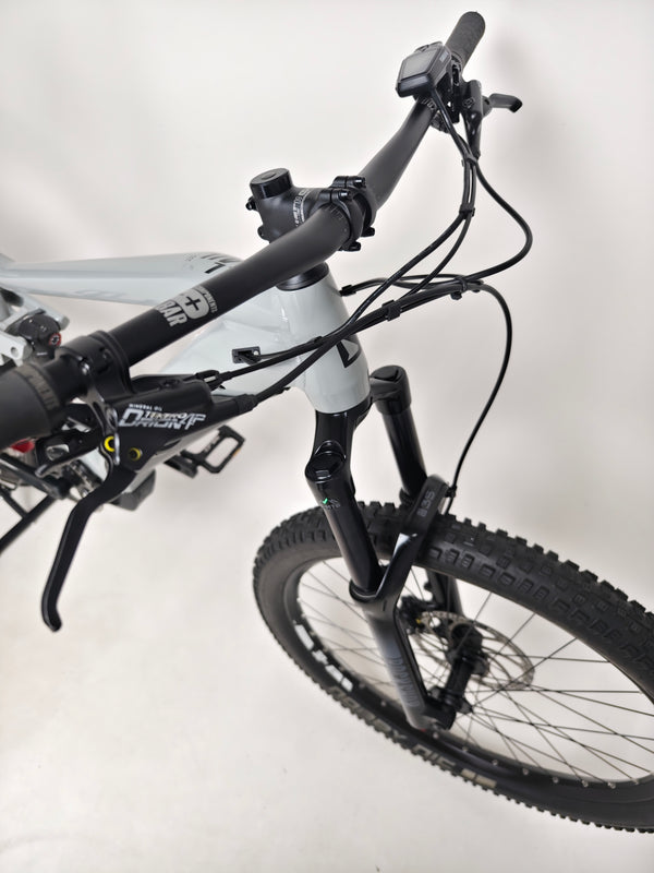 Haibike AllTrail 5 27.5 2022 Full Suspension e-Bike showcasing its urban grey colour. Excellent condition and only £1,870.00 at eMado!